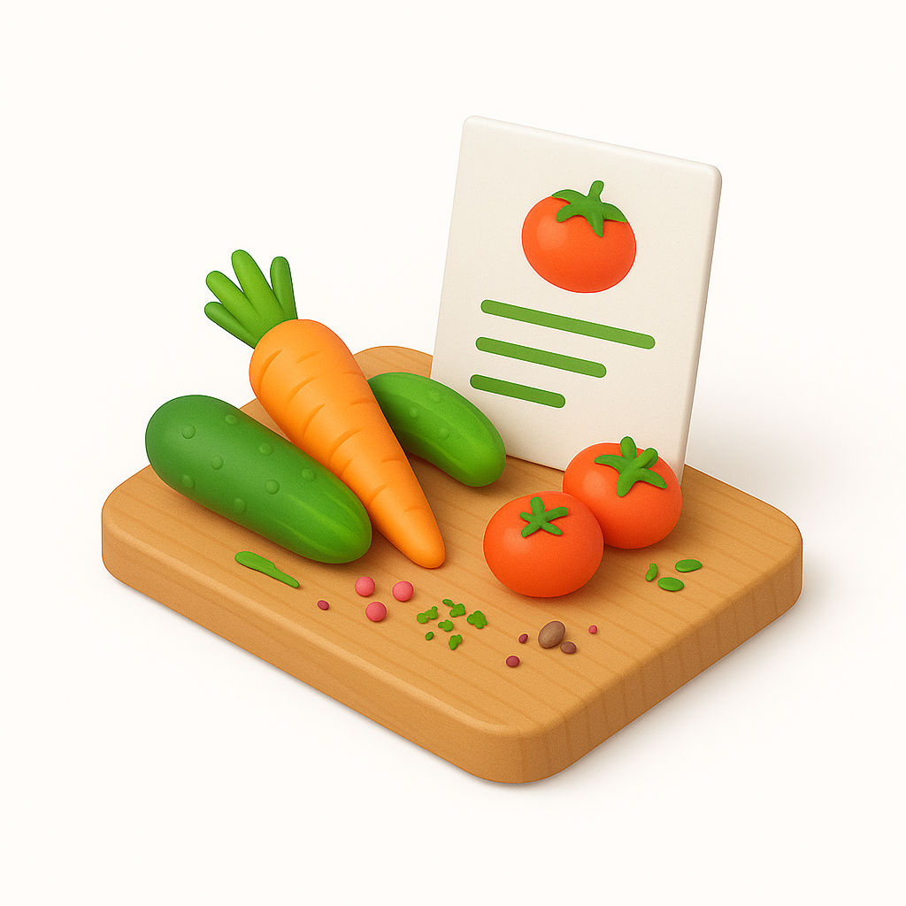 Cutting board with fresh vegetables and recipe card