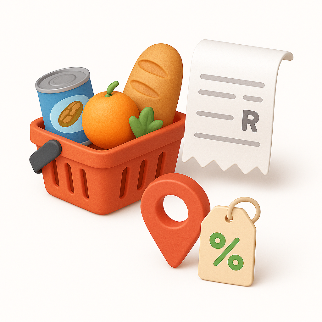 Shopping basket with groceries, receipt and discount tag
