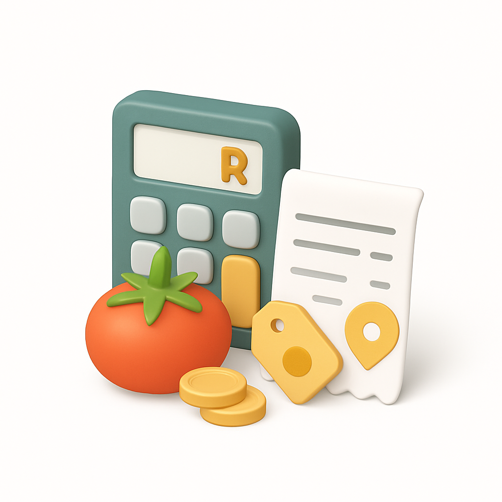 Calculator, tomato, coins and receipt representing budget planning